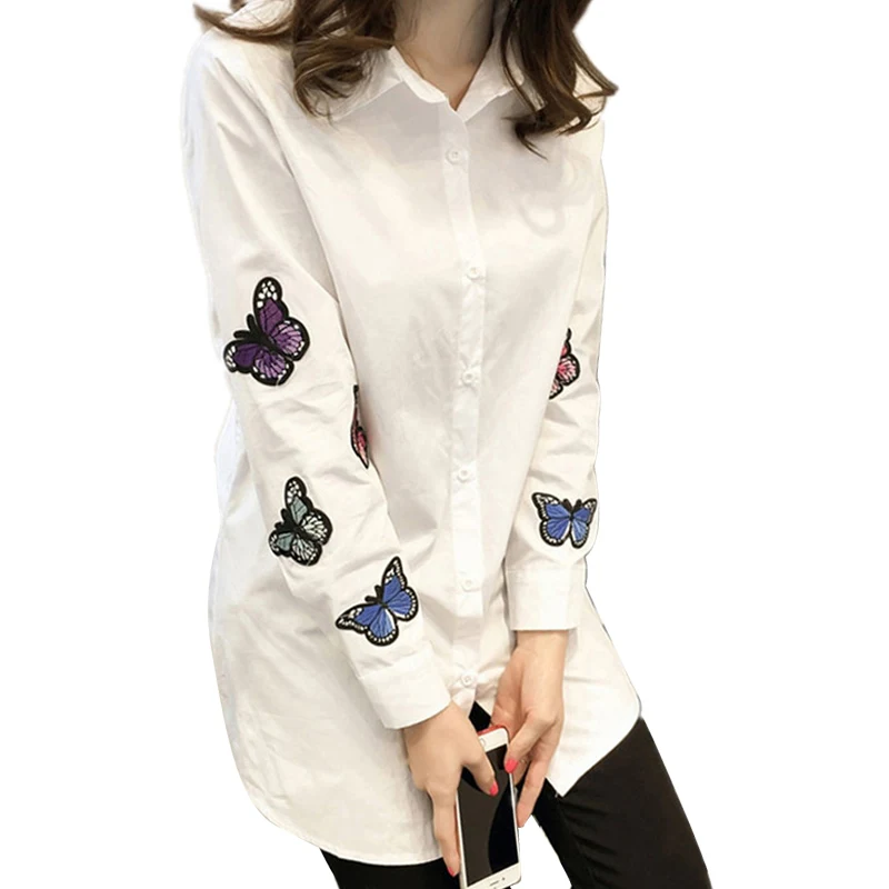 

New Arrival Women Lady Shirt Butterfly Embroidery Long Sleeve Fashion Loose Front Buttons