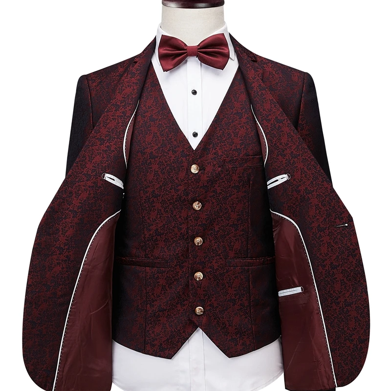 2018 Men Suit Men Single Breasted Wine Red Tuxedo Grooms Stylish Floral Print Wedding Suits for Men Designers with Pants 3 Pcs