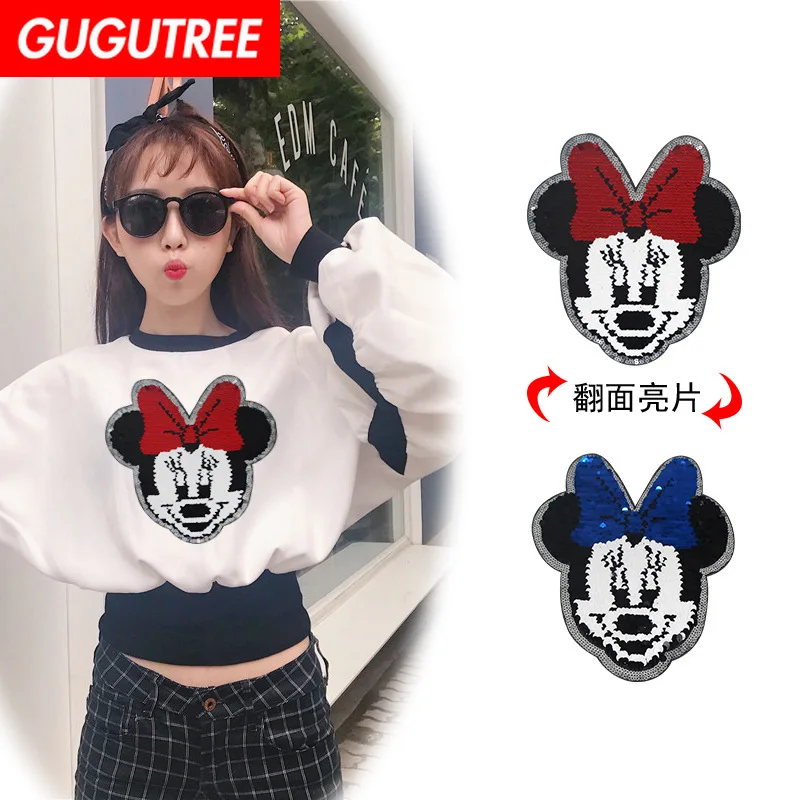 

GUGUTREE embroidery Sequins big mouse patches animal cartoon patches badges applique patches for clothing XC-187