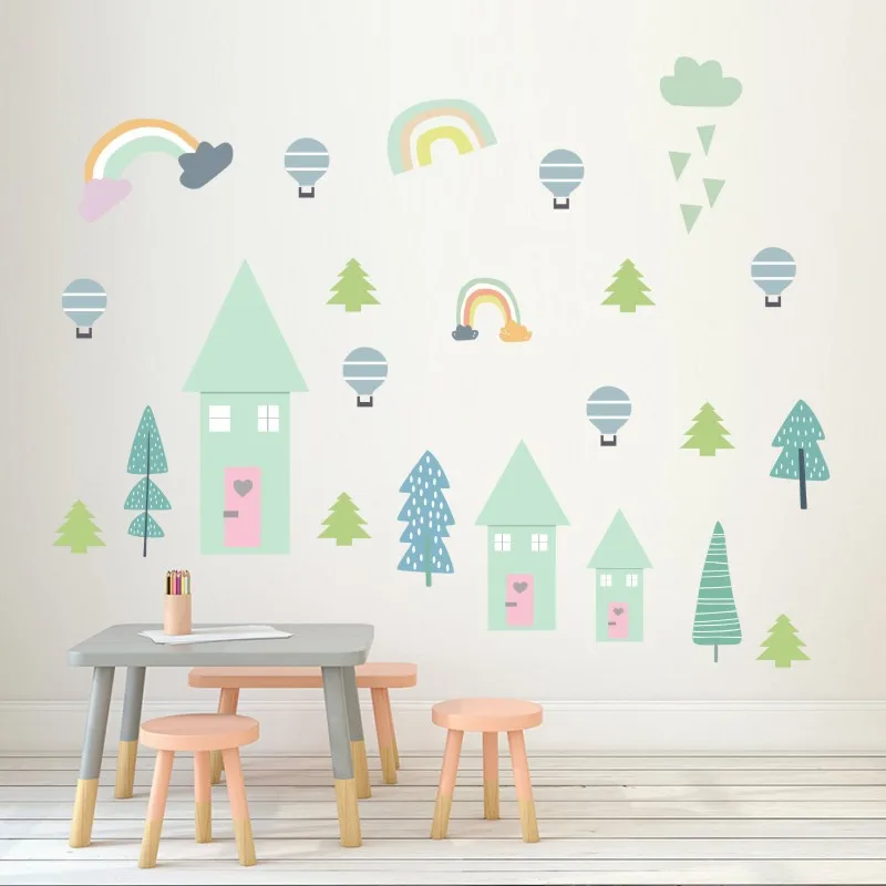 

Nordic Style Countryside PVC Wall Sticker Balloon Rainbow Kids Room Wall Decals Poster Pastoral Painting for Baby Room Art