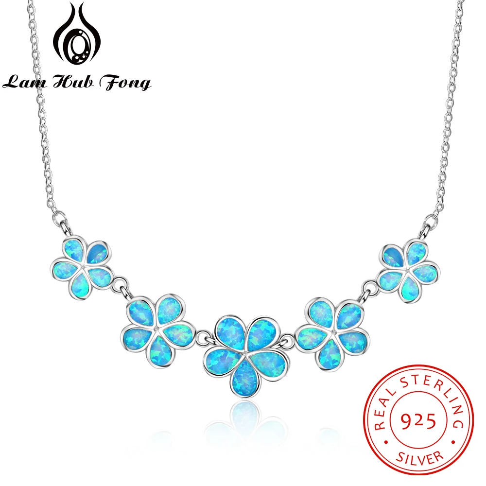 

925 Sterling Silver Jewelry Female Chains Necklaces Pendants for Women Decorating Blue Opal Flower Valentine's Day Gifts