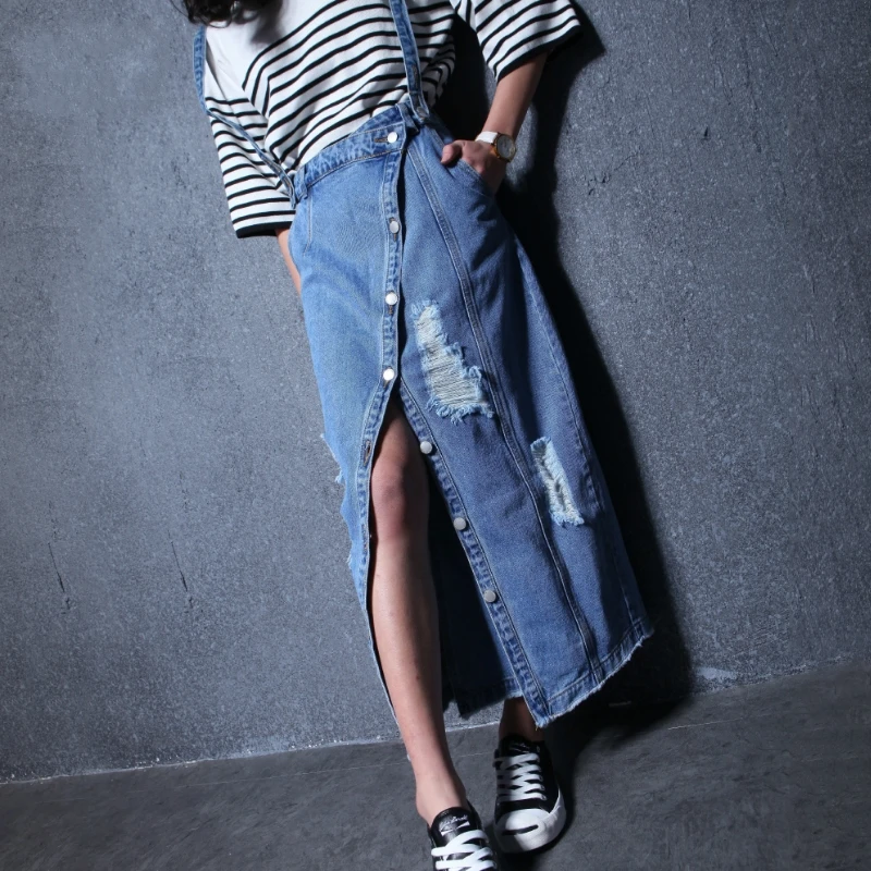 

[AIGYPTOS-KLZM] New Spring Summer Women novetly Personality Loose Maxi Ripped Pockets Holes Suspender Skirt Long Overalls