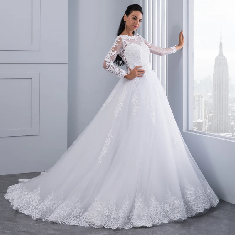 Unique Detachable Train Lace Appliques Pearls Crystal Sashes Ball Gown Wedding Dress