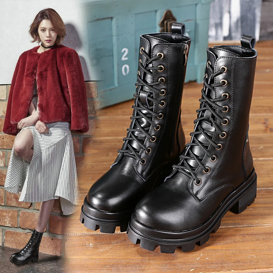 Automne With Femmes Nouveau Véritable En Beau Cuir Dames Et Martin Femme Fur Chaussures Britannique Glissière black Fermeture Tube Bottes D'hiver 2018 Inner Chevalier À Black Europe gqdwpx6tg