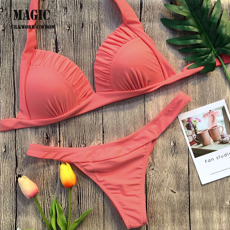 

Pure color shell bag design swimsuit two-piece summer bikini set 2019 new sexy triangle swimwear brazilian biquini Bathing Suit