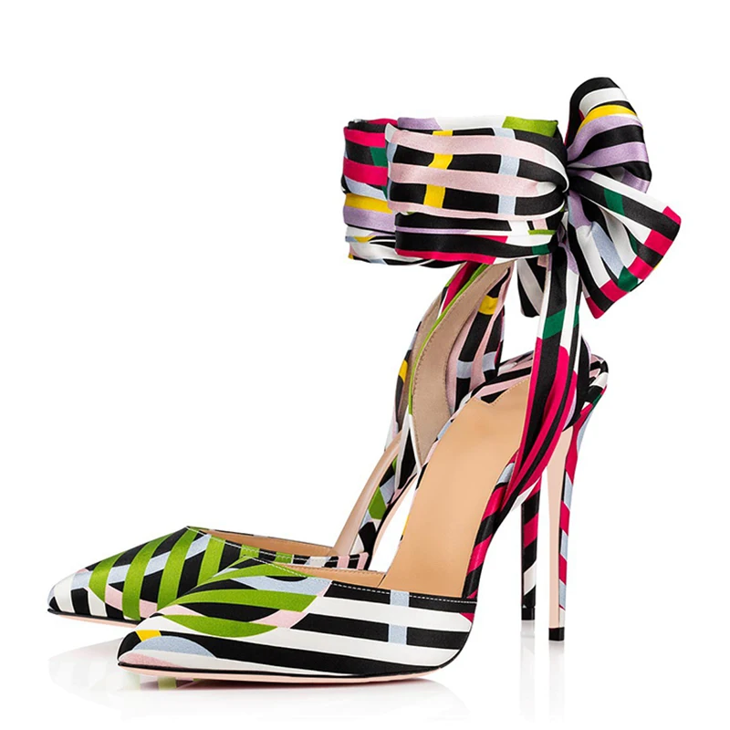Разноцветная женская обувь больших размеров 45, 46 Туфли-лодочки на шпильке с бантиком-бабочкой женская обувь на высоком тонком каблуке с острым носком