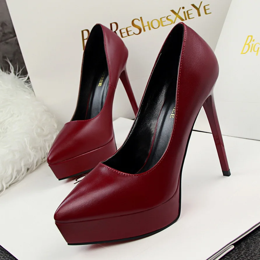 

New Women Sexy Shallow Pumps Shoes Spring Autumn Office Ladies 12cm Thin High Heels Pointed Toe PU Slip-On 2.5cm Platform Shoes