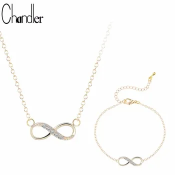 Chandler Silver Plated Number 8 Endless CZ Necklace & Bracelet For Women Forever Eternal Friendship Infinity Fashion Jewelry Set