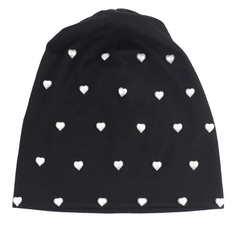Для женщин Шапка-бини зима Повседневное Diy белое сердце жемчужина громоздкая шапочка Шапки для Для женщин Дамы Темно-серый Balavaca Skullies Hat - Цвет: Black