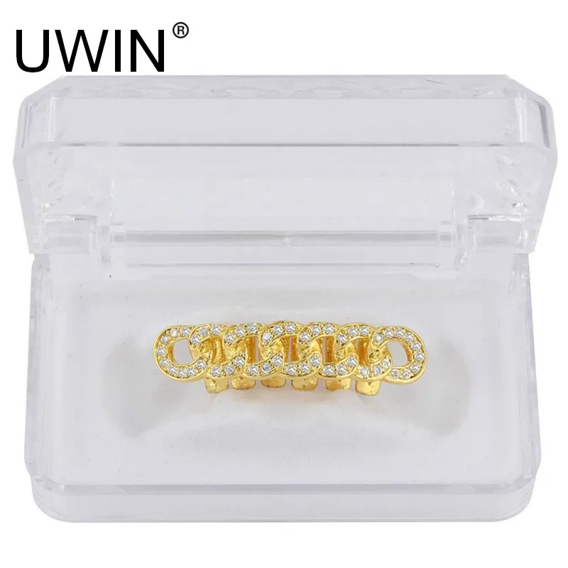 

UWIN Hip Hop Cuban Link Grills Pure HQ Gold Silver Bottom Teeth Grills Flooded AAA CZ Rhinestone Tooth Grill Party Jewelry