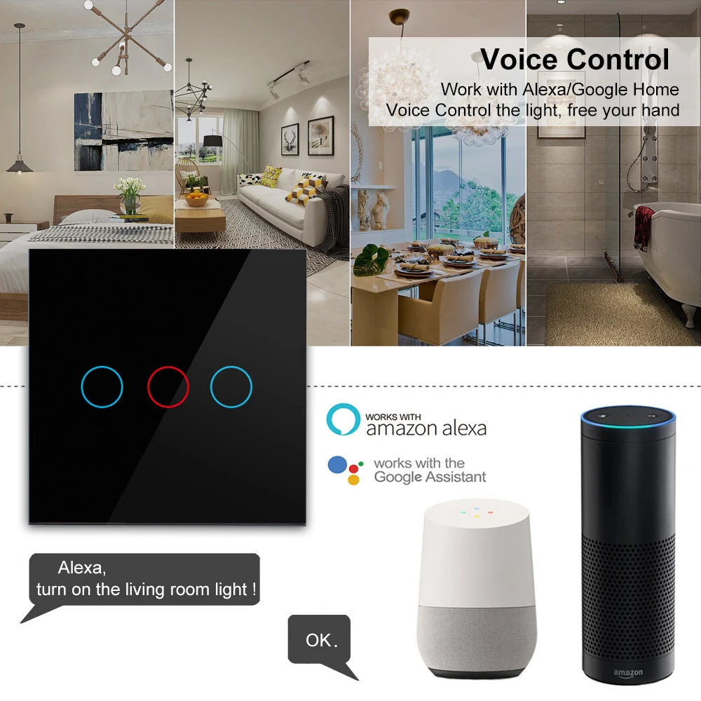 AVATTO Tuya ЕС Wi-Fi настенный выключатель, умный светильник переключатель, Стекло Панель сенсорный экран-Сенсор прерыватель 1/2/3 работать с Alexa, Google Home