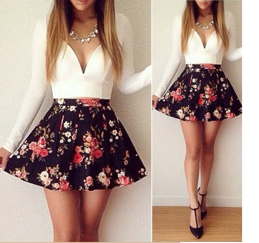 

SNOWINSPRING Women Sexy Skater Dresses Patchwork Floral Print V Neck A Line Vestidos Mini Summer Dress