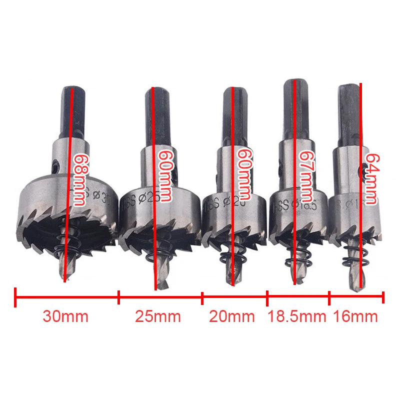 TORO 5pcs Hole Saw HSS Drill Bit Drilling Hole Cut Tool with 16/18.5/20/25/30mm Hole Saw Cutter for Installing Locks Door Knobs