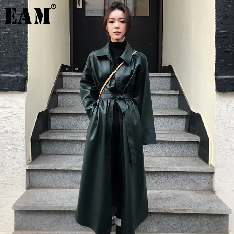 

[EAM] 2019 New Spring Autumn PU Leather Lapel Long Sleeve Bandage Button Pockets Windbreaker Women Trench Fashion Tide JY110