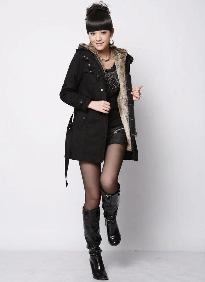

Thick Faux fur lining women's fur Hoodies winter warm long fur inside coat jacket cotton clothes thermal parkas
