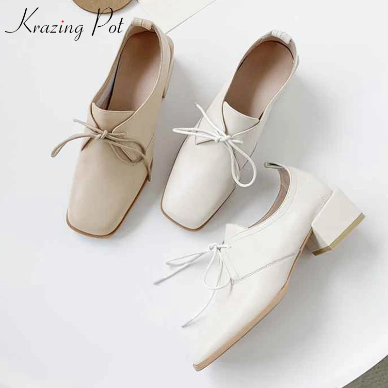 

Krazing Pot hot sale superstar genuine leather med heels lace up gladiator European grandma brand shoes concise party pumps l37