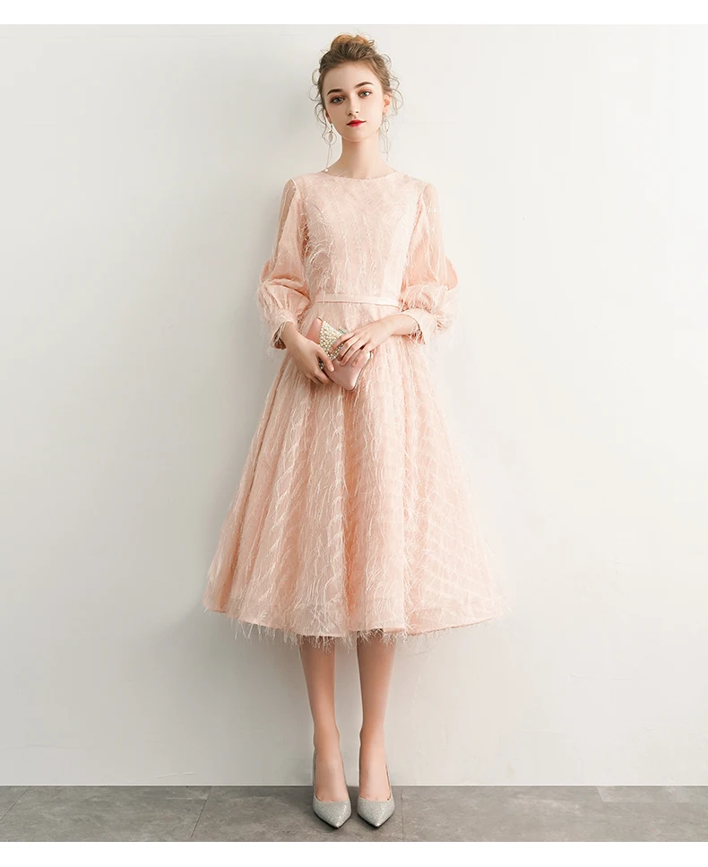 Robe Cocktail New Pink Cocktail Dress Tea Length 3/4 Sleeve Tassel Formal Prom Party Gown Simple Robe De Cocktail Courte