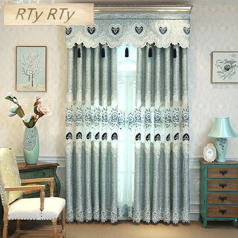

luxury embroidered curtains finished custom for living room high quality pink blue curtains for bedroom Window Treatments