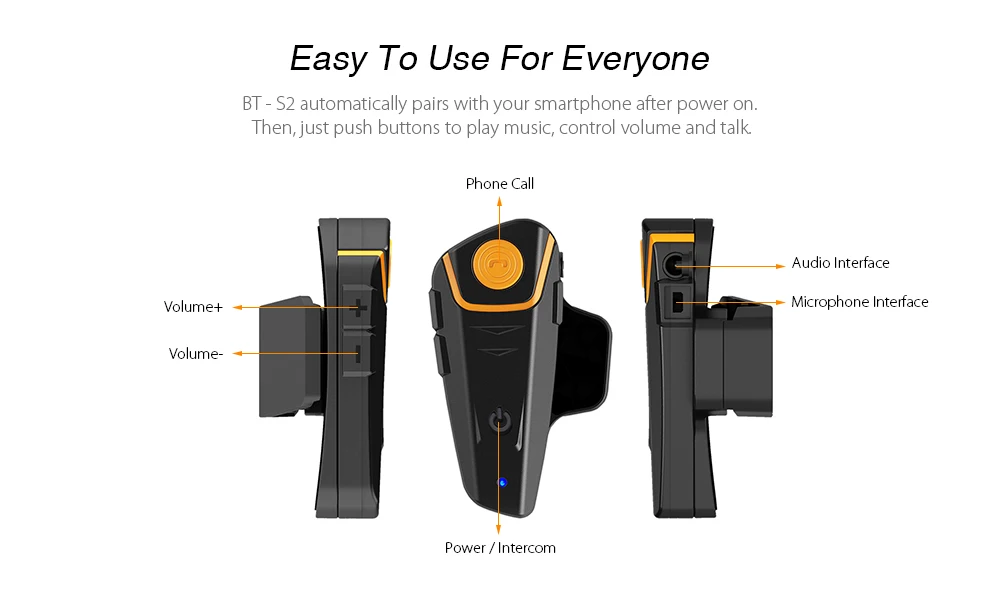 BT-S2 1000m Bluetooth Headset Motorcycle Intercom Auto Answer FM Radio Interphone with 300 Hours Long Standby