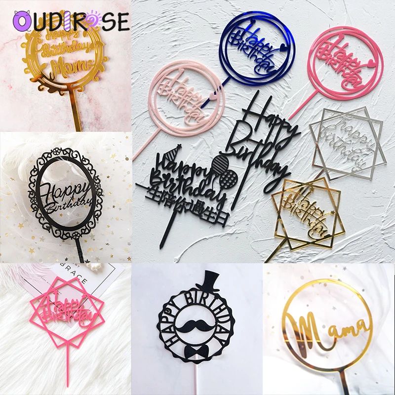 

OUDIROSE Flash Happy Birthday Cake Topper Acrylic Letters Gold and Silver Wedding Cake Top Banner Decoration Wedding Supplies