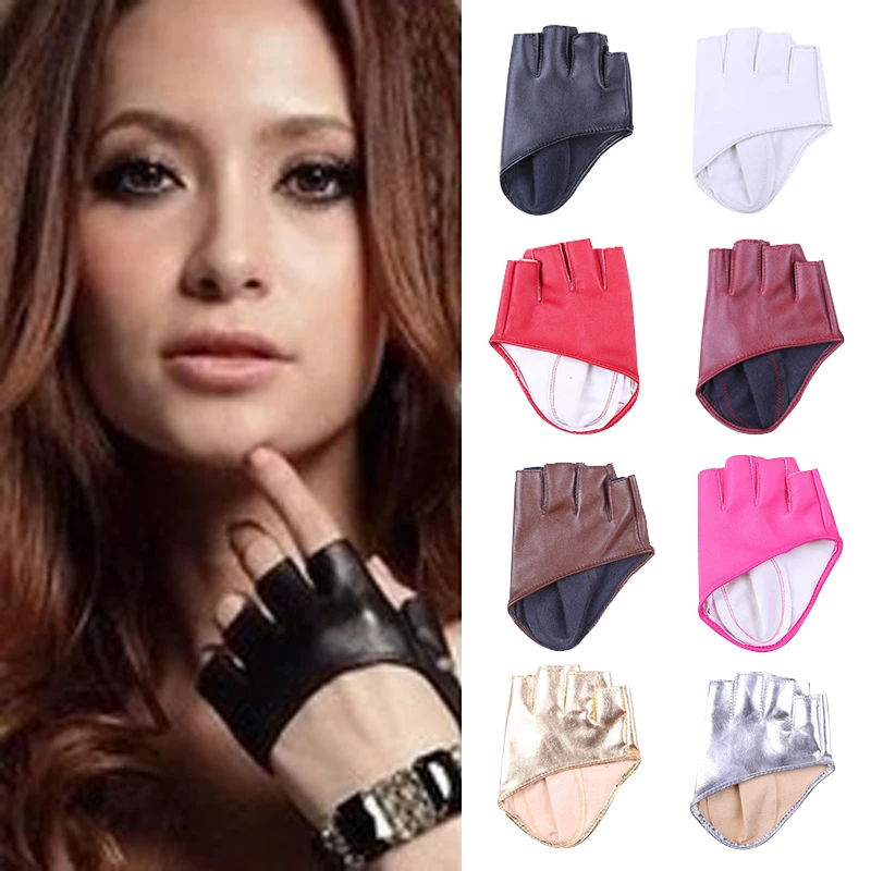 black Gold Silver women ladies Leather Gloves Fingerless for Dancing