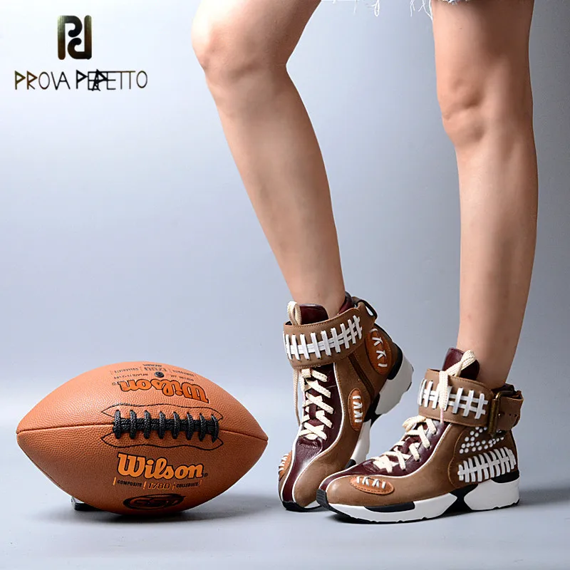 

Prova Perfetto Euramerican Lace-up Buckle Mixed Color Casual Sneakers Shoes Fashion Genuine Leather Wedge Ankle Vulcanize Shoes