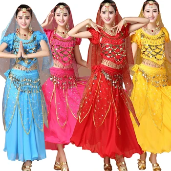 

Women Stage wear Performance Oriental Belly Dancing Clothes 4PCS Suit Tops+ dress+belt+Veil Belly Dance Costume Set Outfits