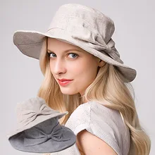 Летний корейский Для женщин галстук-бабочка из хлопка и льна ведро шляпа моды Дизайн UV Protection Striped Солнца шляпа большие полями складной шапки