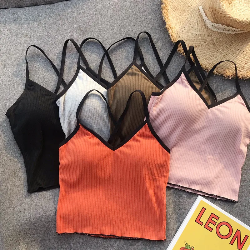 Girls Crossed Straps Short Camis Tops With Seperated Bra Women Padding Tanks Crop Tops For Female
