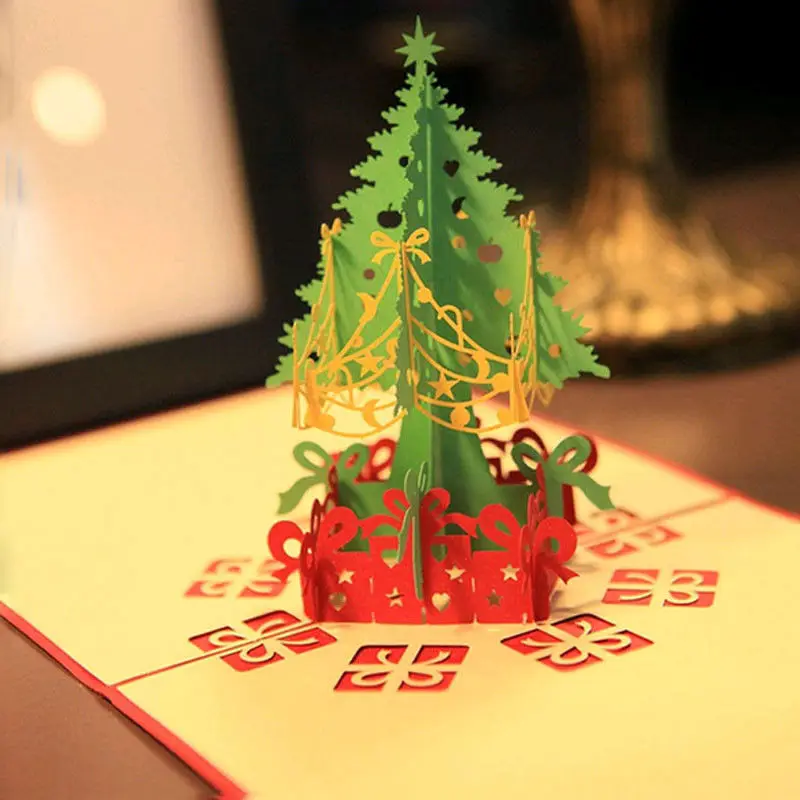 

1pc Merry Christmas Tree Vintage 3D laser cut pop up paper handmade custom greeting cards Christmas gifts souvenirs postcards