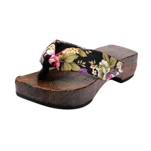 Деревянные Вьетнамки; обувь в японском стиле; Вьетнамки с цветочным рисунком; однотонные деревянные шлепанцы на высоком каблуке; летние шлепанцы