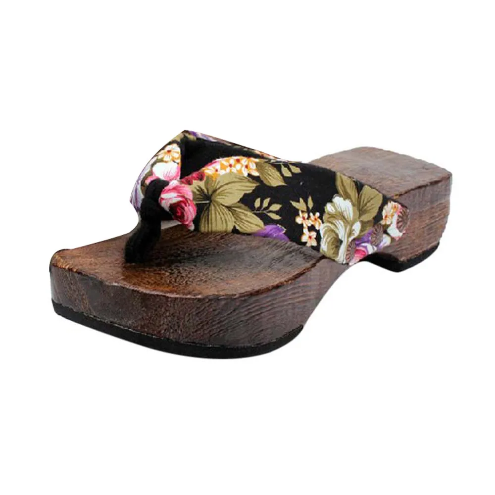 Wooden Flip Flops Japanese clog shoes Floral Flip Flops Solid wood High ...