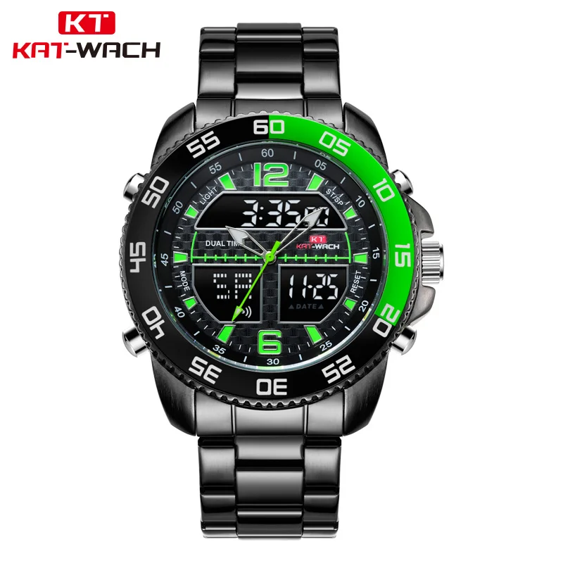 

KAT-WACH Luxury Brand Men Military Sport Watch Men Quartz Hour Alarm LCD Analog Digital Watch Male Black Steel Strap Clock