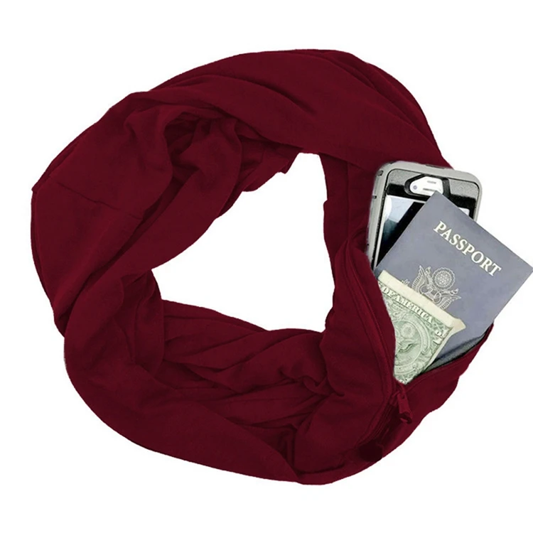 Мягкий трикотажный скрытый шарф на молнии с карманом, Модный женский Одноцветный шарф-снуд, шарфы бесконечности, женские шарфы для путешествий, Новинка - Цвет: Красный
