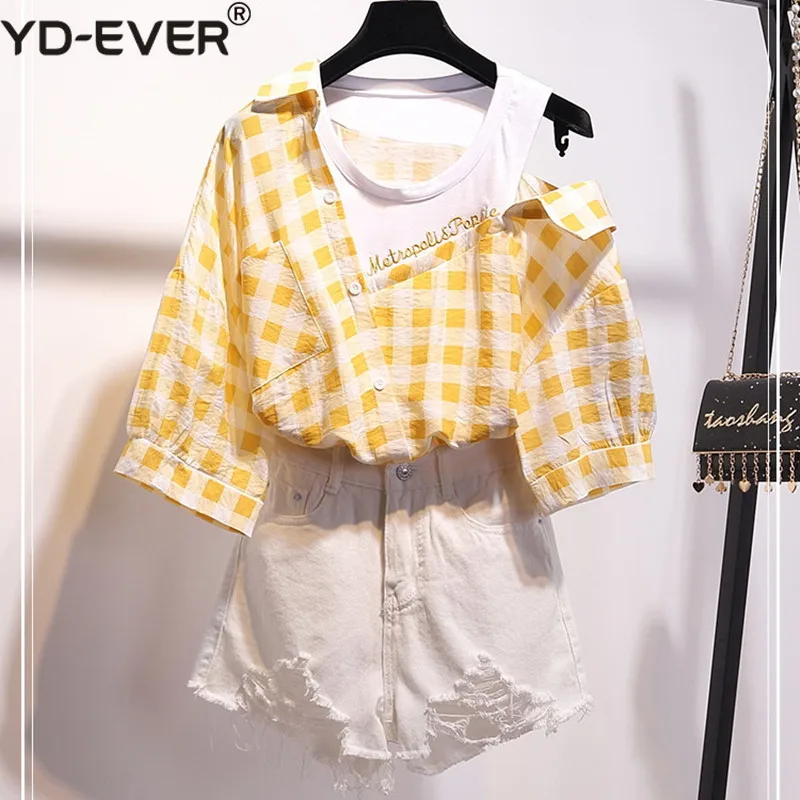 

Women Off Shoulder Letter Embroidery Patchwork Plaid Blouse Shirt + Hole Tassel Shorts Set Tearing White Jean Short Pant Suit