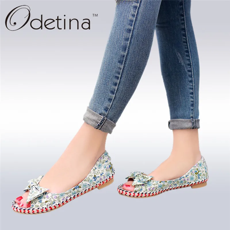 

Odetina 2018 Summer Women Sweet Flats Bow Tie Canvas Shoes Open Peep Toe Flat Shoes Flower Hemp Sole Slip on Loafers Big Size 43