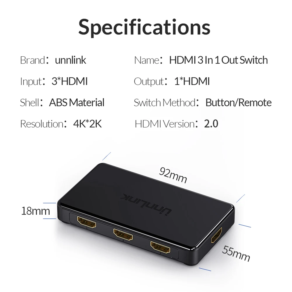 Unnlink HDMI коммутатор 3x1 5x1 HDMI 2,0 UHD 4 k@ 60Hz 4:4:4 HDCP 2,2 HDR для Smart Светодиодный tv MI Box3 PS3 PS4 Профессиональный проектор