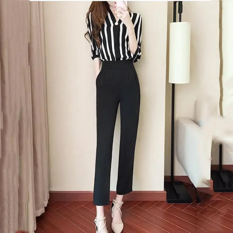 

New 2019 Spring Womens Tracksuit Female Casual OL Printed Striped Tops + Pant Sets Ladies Elegant Fashion Slim Two Piece Set F99