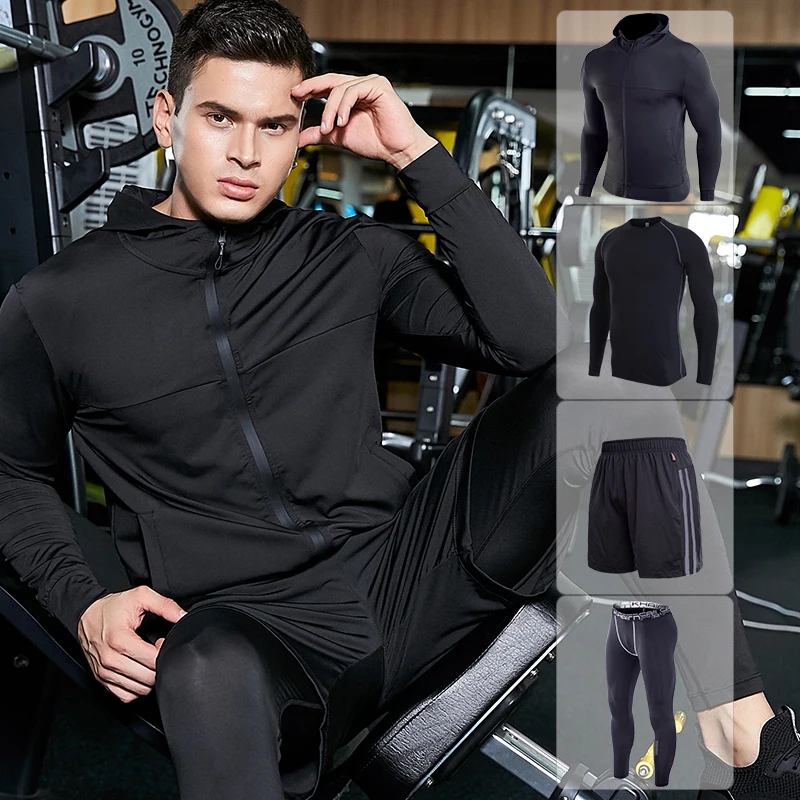 Мужская спортивная одежда для бега и бега, тренировочный костюм, 4 шт., мужская спортивная одежда для тренировок, фитнеса, занятий спортом, тренировочные костюмы
