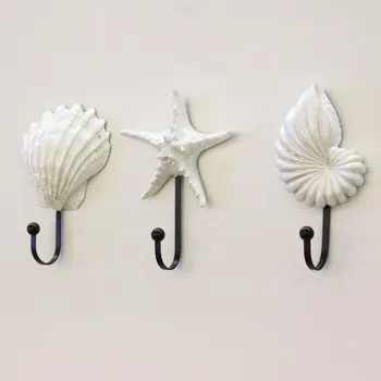 

3pcs Creative gift resin coat cap hook wall hanging Mediterranean style sea star scallop sea snail coat cap hook