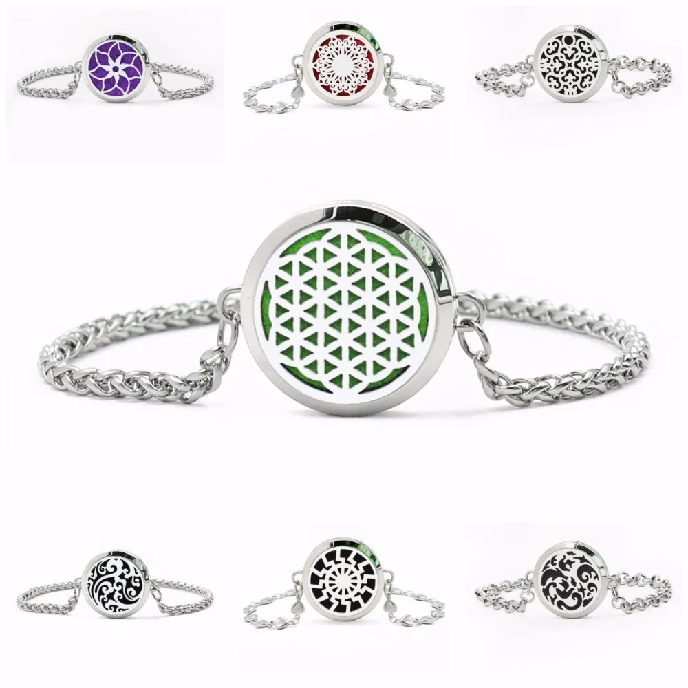 

"Free 10pcs Pads" flower of life Stainless Steel 30mm Aromatherapy Locket Chain Bracelet Diffuser locket Perfume Locket