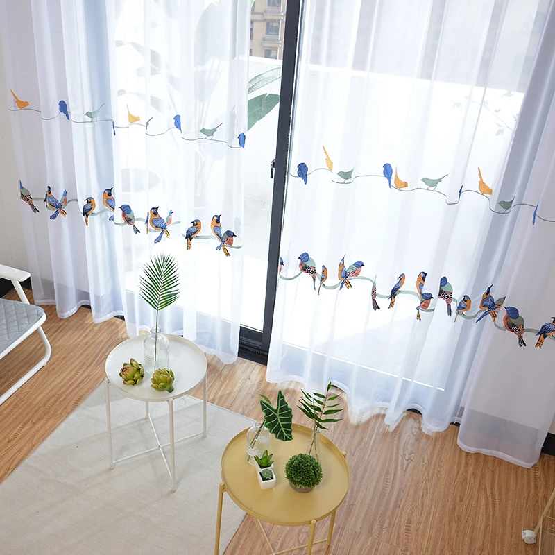 Современная вышитая занавеска с птицами для гостиной, хлопок, лен, тюль для окна, для детской спальни, элегантная белая прозрачная занавеска для кухни