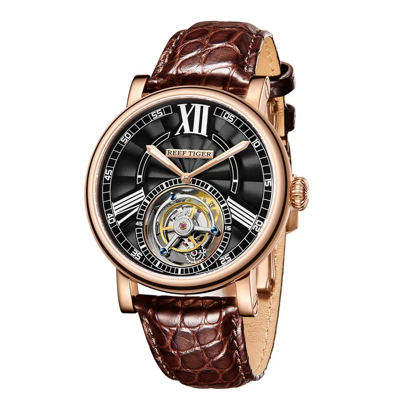 Reef Tiger Classic Serier RGA1999 мужские полые циферблат платье Real Tourbillon автоматические механические наручные часы-серебро