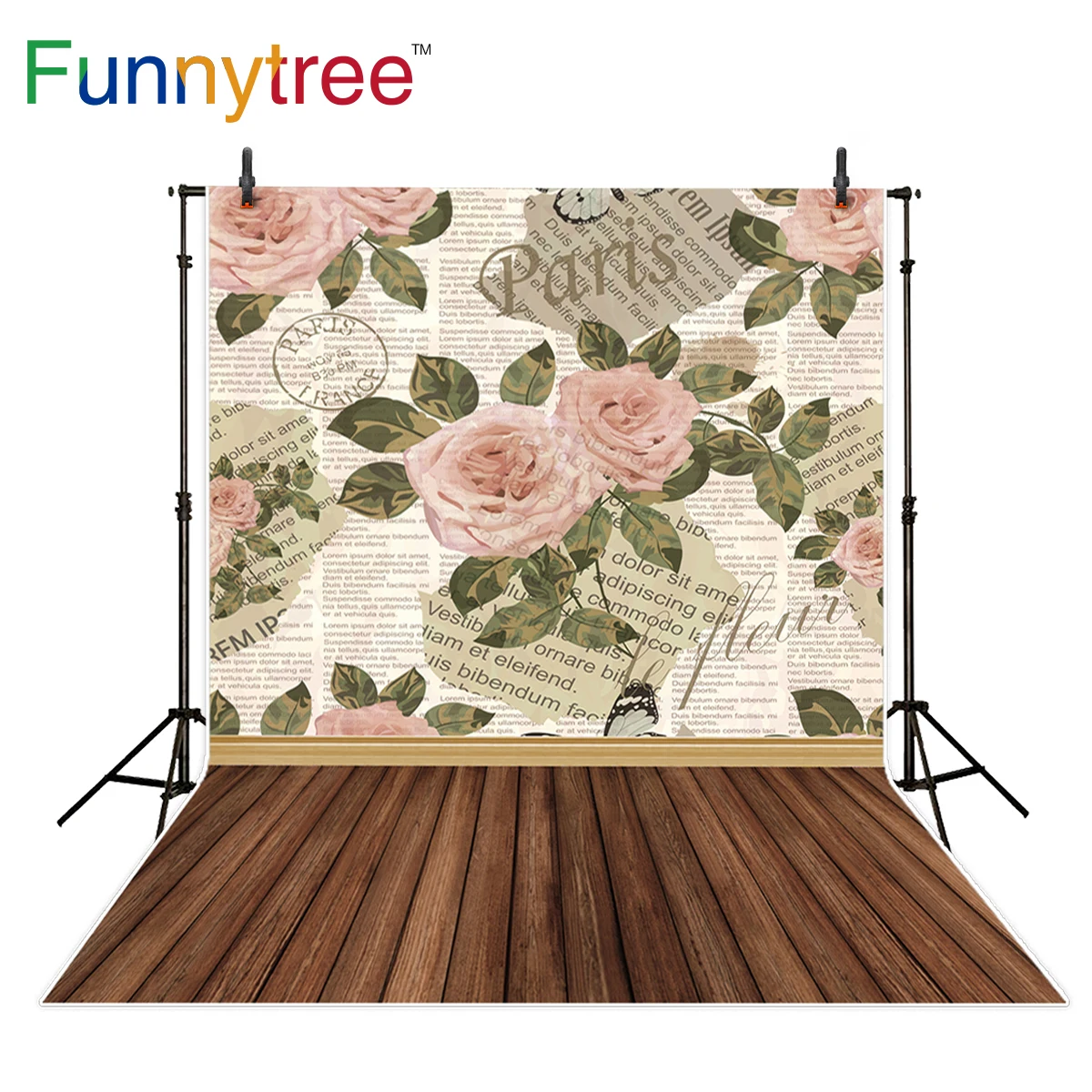 Funnytree photography backdrop pink rose old letter paris