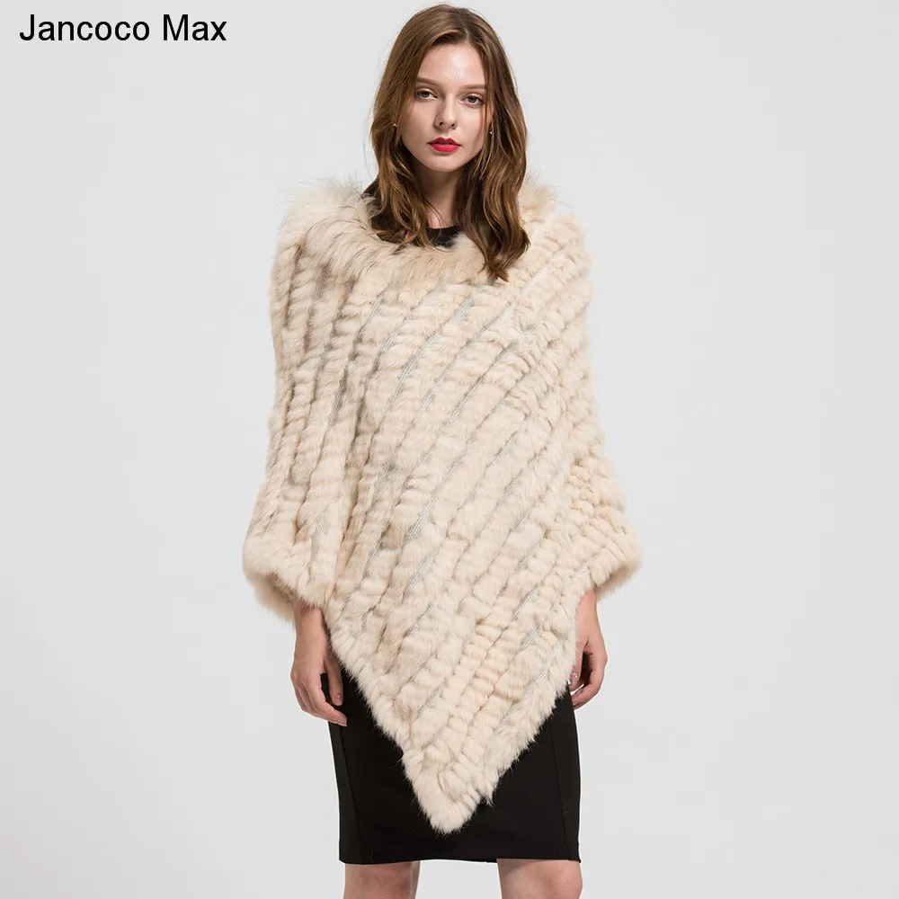 

2019 Real Fur Poncho Women's Genuine Rabbit Knitted Shawl Raccoon Fur Collar Large Cape Black/Grey/Navy/Beige/Wine Red S1729
