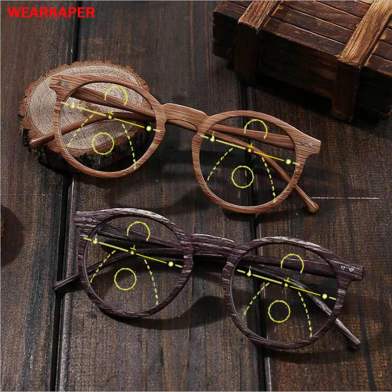 

WEARKAPER Wooden Reading Glasses Women Round Computer Presbyopic Eyewear Multifocal Progressive Eyeglasses Diopters 1.0-4.0
