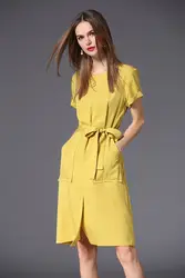 Новое поступление, летнее короткое платье с коротким рукавом для молодых девушек, для офиса, из хлопка, желтого цвета, повседневные платья с