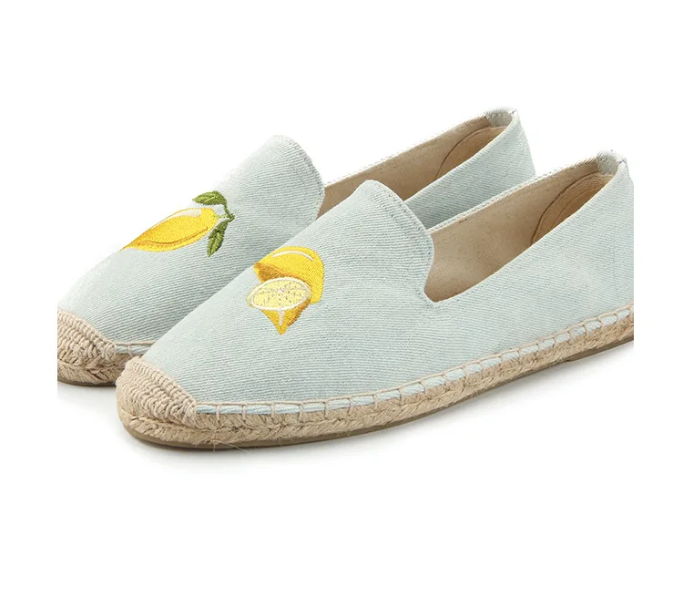 New Fashion Embroidery Lemon Comfortable Ladies Womens Casual Espadrilles Shoes Breathable Flax Hemp Canvas for Girls
