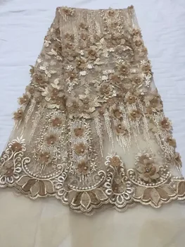 

Gold African Lace Fabrics 3D Flowers French Lace Fabric 2018 High Quality beads Rhinestones George Lace For Nigerian Women dress
