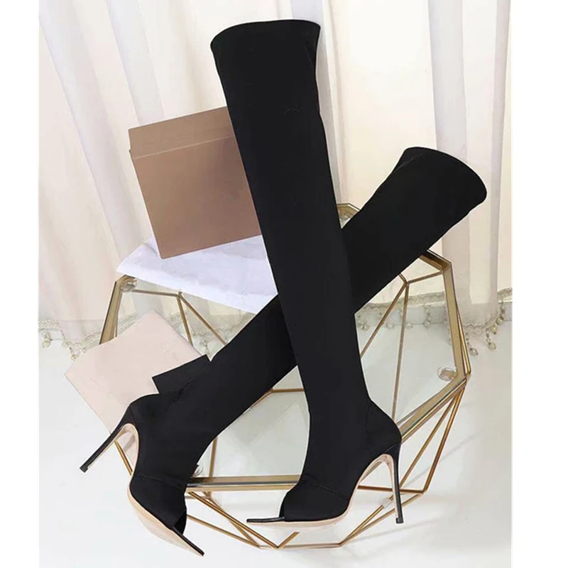

Fashion Runway Stretch Fabric Sock Boots Pointy Toe Over-the-Knee Heel Thigh High Peep Toe Woman Boots Motorcycle boots Woman 41